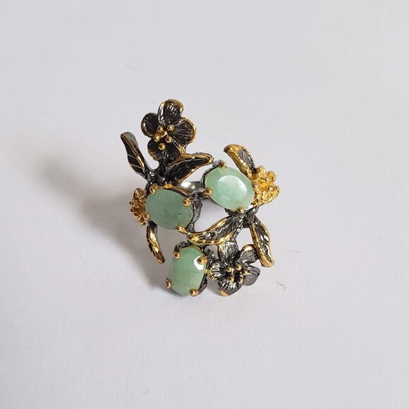 New EMERALD Sterling Silver Ring 925 Floral Artisan Gold Accents - Picture 13 of 15